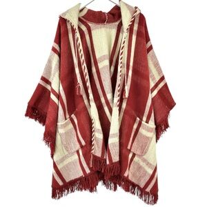 Vintage Cream Burgundy Plaid Fringe Trimmed Hooded Wool Poncho Cape Coat Jacket